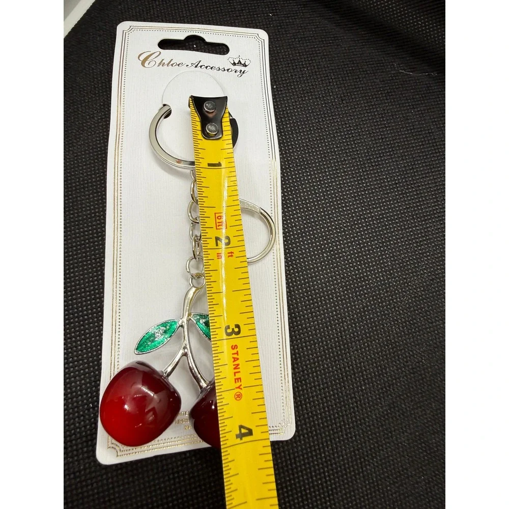 Red Cherry Keychain Silver Tone Glitter Leaf Bag Charm NEW Novelty Retro